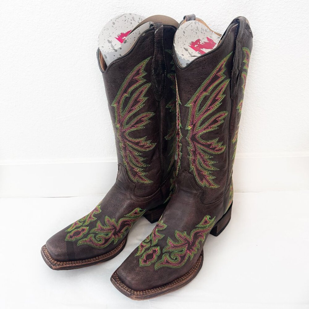 Tanner Mark Women’s Neon Contrast Stitch Cowboy Boots NWT in Brown 8.5